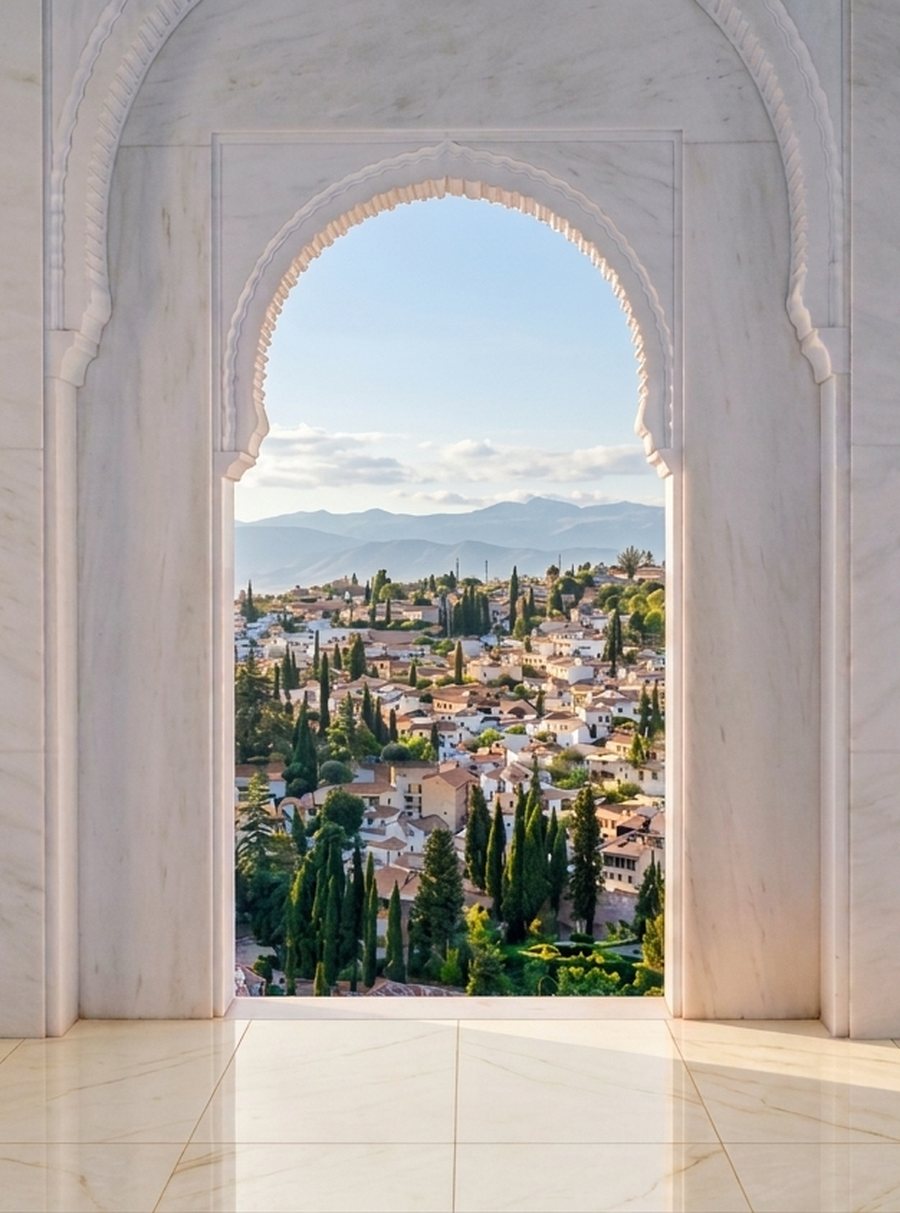 An open marble archway looking out over a sunlit hillside town, mountains and blue sky