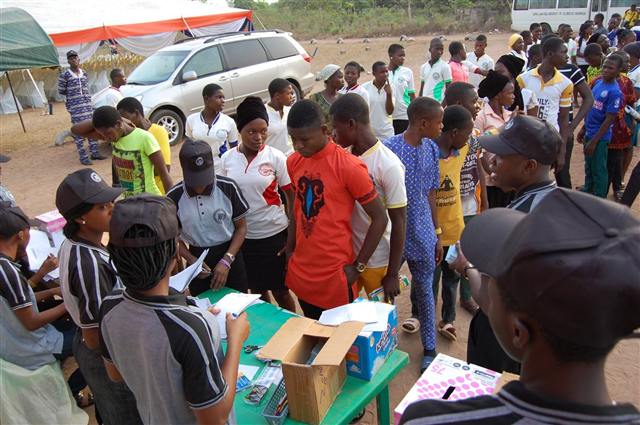 Students gathered at the registration table